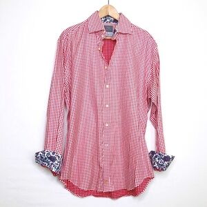 Thomas dean, red and white micro check button down shirt